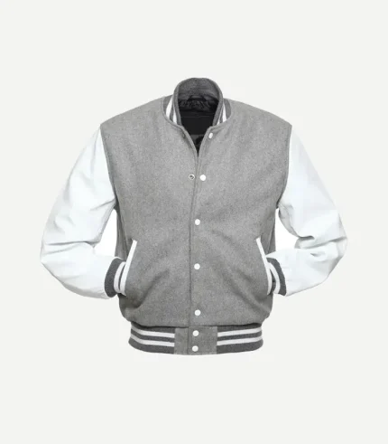 A centered front view of the grey jacket showing the white snap-button closure and white-trimmed pockets.