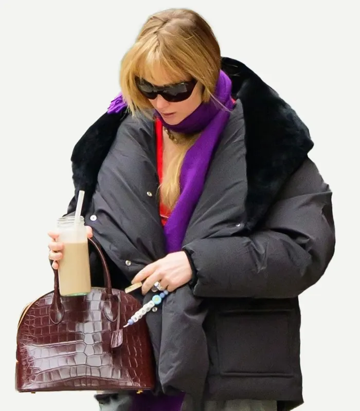 A full-length Jennifer Lawrence Puffer Coat designed for maximum warmth and a comfortable, relaxed fit.