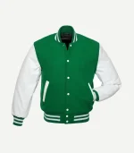 An angled front view of the kelly green jacket, showcasing the bold green wool body and white leather sleeves.