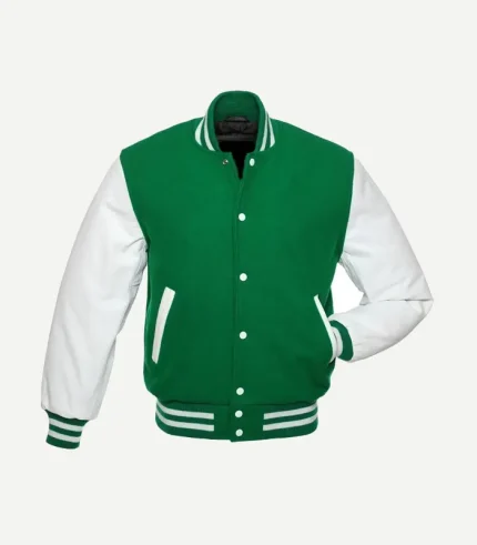 An angled front view of the kelly green jacket, showcasing the bold green wool body and white leather sleeves.