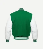 The rear view of the green varsity jacket, featuring a solid green wool torso and white sleeves.