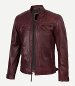 Biker Style Burgundy Leather Jacket showcasing a polished maroon textile finish and a high-end profile for a sophisticated fashion statement.