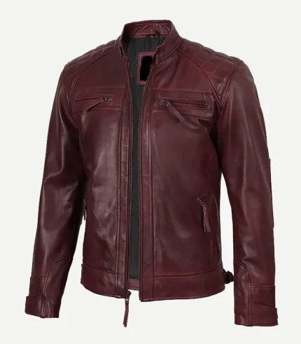 Biker Style Burgundy Leather Jacket showcasing a polished maroon textile finish and a high-end profile for a sophisticated fashion statement.