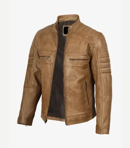 Biker Style Brown Leather Jacket showcasing a polished cognac finish and a high-end profile for a sophisticated, modern fashion statement.