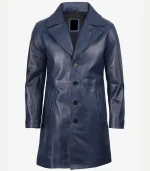 Blue Leather Coat featuring a premium indigo finish and a high-status tailored silhouette for a sharp cinematic profile.