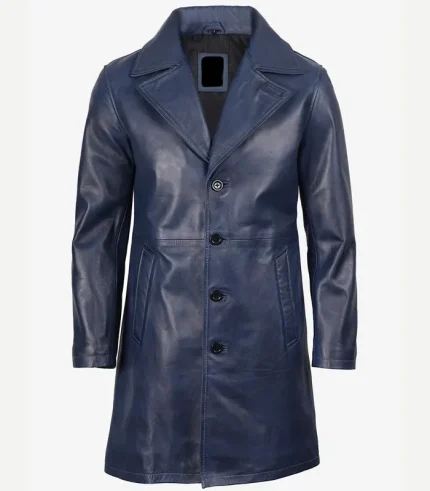 Blue Leather Coat featuring a premium indigo finish and a high-status tailored silhouette for a sharp cinematic profile.