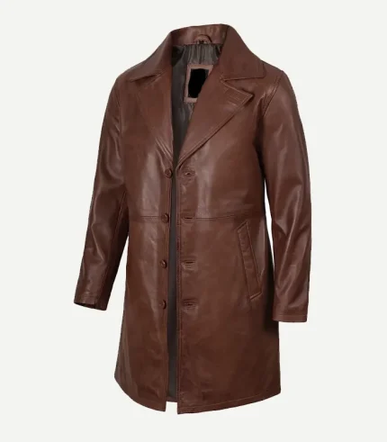 Cognac Leather Coat featuring a premium amber finish and a high-status tailored silhouette for a sharp cinematic profile.