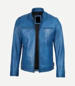 Distressed Blue Biker Style Leather Jacket featuring a premium indigo finish and a high-status worn-in silhouette for a sharp cinematic profile.