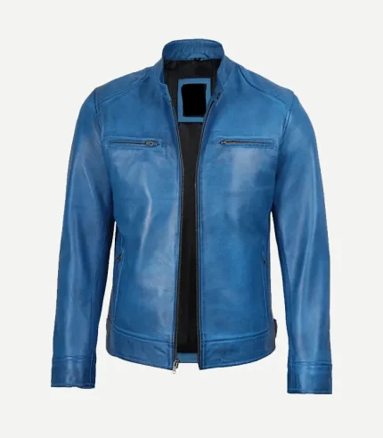 Distressed Blue Biker Style Leather Jacket featuring a premium indigo finish and a high-status worn-in silhouette for a sharp cinematic profile.