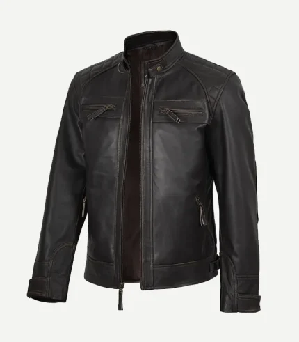 Distressed Brown Biker Style Leather Jacket featuring a premium umber finish and a high-status worn-in silhouette for a sharp cinematic profile.