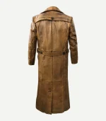 Mens Leather Duster Trench Coat featuring high-quality stitching and a rich, multi-toned distressed brown leather surface.