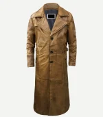 Mens Leather Duster Trench Coat styled with a classic spread collar and functional deep pockets for a practical yet edgy look.