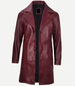 Maroon Leather Coat featuring a premium black-cherry finish and a high-status tailored silhouette for a sharp cinematic profile.