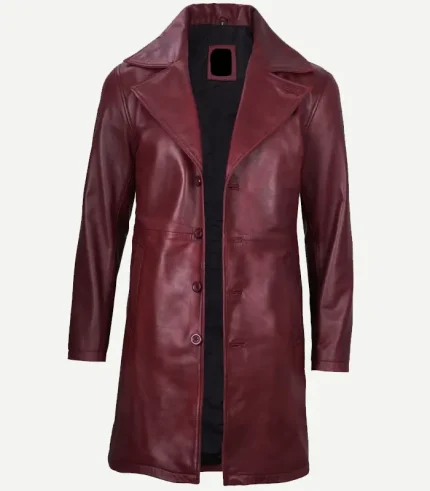 Maroon Leather Coat featuring a premium black-cherry finish and a high-status tailored silhouette for a sharp cinematic profile.