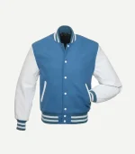 Three-quarter front view of a sky blue varsity jacket with white sleeves and pockets, showcasing its tailored fit and retro collegiate sports styling.