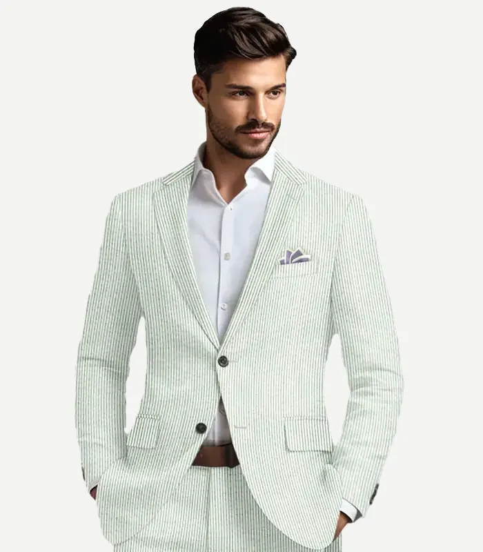 Detailed view of a Light Green Seersucker Style Suit showing the light fabric and smart button layout.