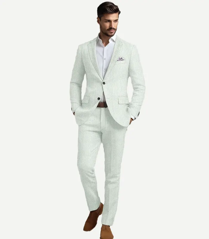 A Light Green Seersucker Style Suit including matching trousers and a coat for a complete, coordinated outfit.