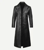 Mens Long Leather Duster Black Coat with a sharp spread collar and high-quality stitching for a rugged yet refined look.