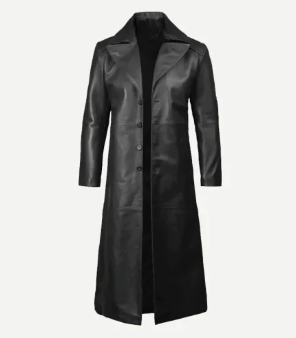 Mens Long Leather Duster Black Coat with a sharp spread collar and high-quality stitching for a rugged yet refined look.