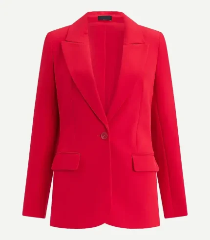 A professional Long Slim Red Blazer styled with black trousers for a sharp look.