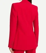Close up of a Long Slim Red Blazer showing the fine stitching and high-quality fabric.