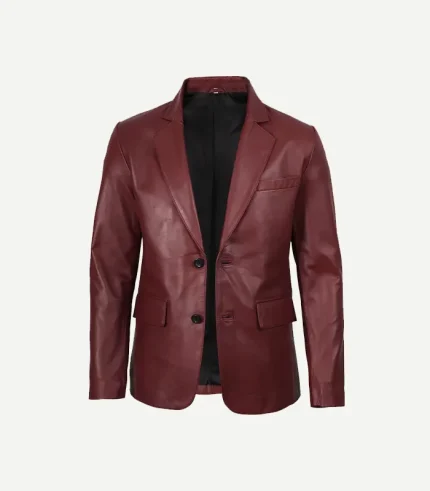 Front view of a Mens Maroon Leather Blazer with sharp notch lapels and a smooth, high-quality polished surface.
