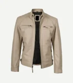 Biker Style Beige Leather Jacket for men showcasing a polished cream textile finish and a high-end rugged profile for a sophisticated fashion statement.