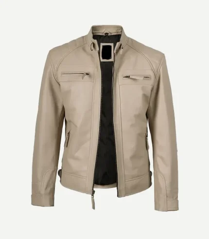 Biker Style Beige Leather Jacket for men showcasing a polished cream textile finish and a high-end rugged profile for a sophisticated fashion statement.