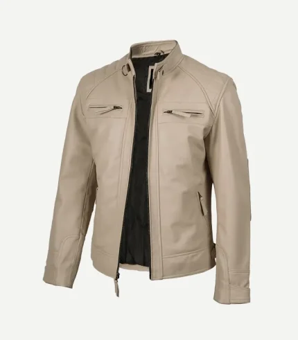 Biker Style Beige Leather Jacket featuring a sleek character-driven design and premium hardware for a standout 2026 masculine fashion profile.