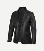 Front view of a Mens Black Leather Blazer showing the structured shoulders and a clean, streamlined profile.