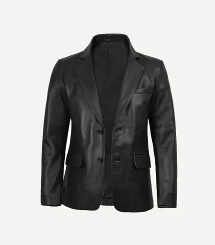 A Mens Black Leather Blazer styled for a premium smart-casual look with functional pockets and a sleek fit.