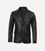 Mens Black Leather Blazer with a classic notch lapel and a sharp two-button closure for a professional look.