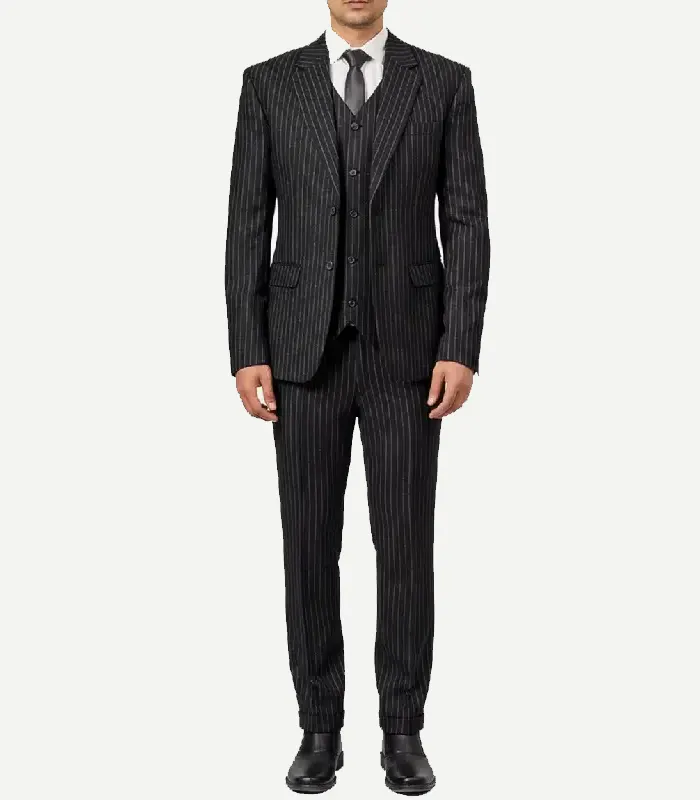 A sharp Men’s Black Pinstripe 3 Piece Suit with a modern Shelby style cut and a sophisticated pinstripe design.