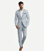 A Mens Blue Seersucker Style Suit with a classic white stripe design and a tailored fit for summer.