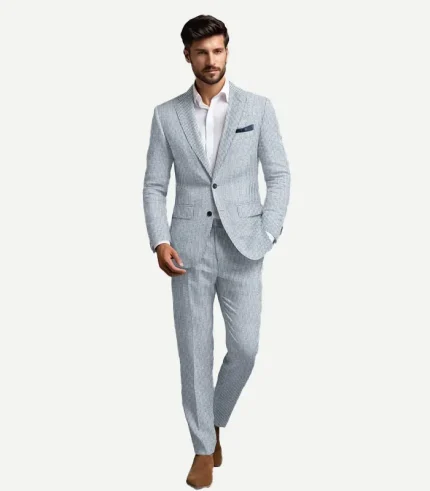 A Mens Blue Seersucker Style Suit with a classic white stripe design and a tailored fit for summer.
