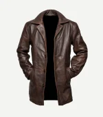Brown Leather Duster Coat with a professional two-button closure and structured shoulders for a clean, masculine fit.