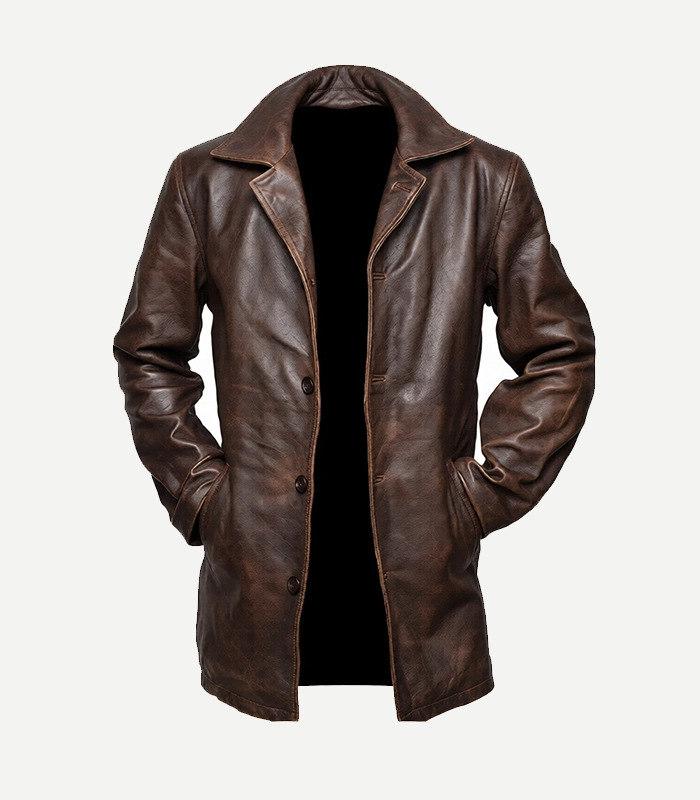 Mens Brown Coat Brown Leather Duster Coat with a professional two-button closure and structured shoulders for a clean, masculine fit.