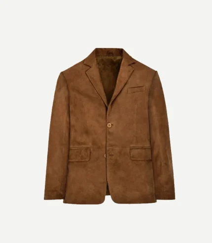 Mens Brown Suede Leather Blazer with a classic two-button front and a rich, deep chocolate brown finish.