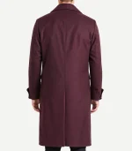 Front view of a Mens Burgundy Double Breasted Wool Coat with wide peak lapels and a sleek, structured silhouette.