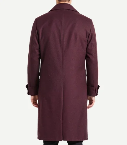 Front view of a Mens Burgundy Double Breasted Wool Coat with wide peak lapels and a sleek, structured silhouette.