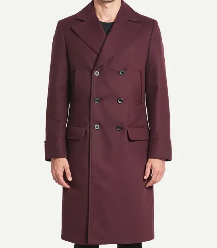 Mens Burgundy Double Breasted Wool Coat featuring a sharp six-button front and premium heavy-duty wool fabric.
