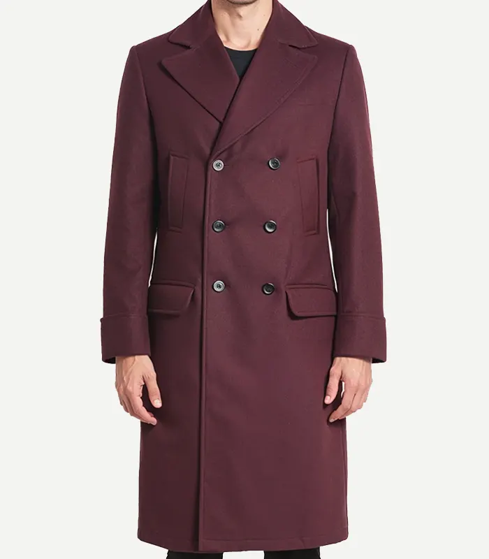 Mens Burgundy Double Breasted Wool Coat Mens Burgundy Double Breasted Wool Coat featuring a sharp six-button front and premium heavy-duty wool fabric.