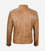 Back view of a men’s camel brown leather jacket, showcasing a clean vertical seam down the center, reinforced shoulder stitching, and adjustable waist tabs with snap buttons.