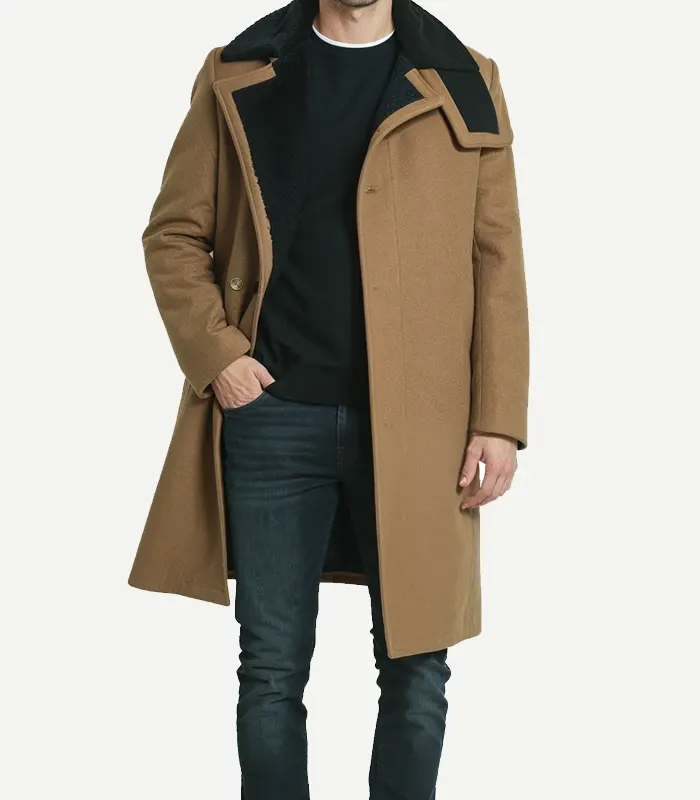 Mens Camel Brown Long Shearling Wool Overcoat Long Shearling Wool Overcoat in camel brown featuring a plush collar and a classic heavy-duty tailored finish.