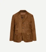 Caramel Brown Suede Leather Blazer for men showing the detailed notch lapels and structured shoulders in a tan hue.