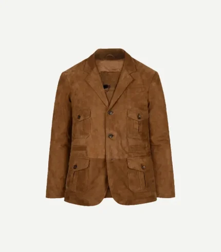 Caramel Brown Suede Leather Blazer for men showing the detailed notch lapels and structured shoulders in a tan hue.