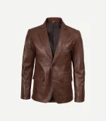 Front view of a Mens Cognac Leather Blazer showing the tailored chest and clean, structured shoulder profile.