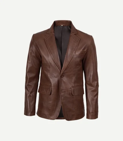 Front view of a Mens Cognac Leather Blazer showing the tailored chest and clean, structured shoulder profile.