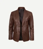 A Mens Cognac Leather Blazer styled for a premium look with a two-button closure and functional pocket details.