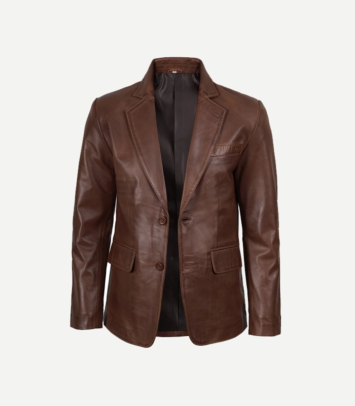 Mens Cognac Leather Blazer A Mens Cognac Leather Blazer styled for a premium look with a two-button closure and functional pocket details.